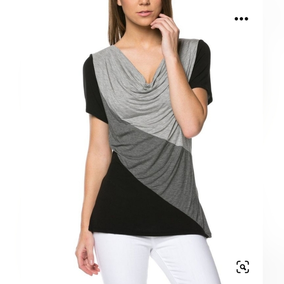 Magic Fit -Light Gray Black & Charcoal Color Block Drape Top - Women -NWOT - Picture 5 of 9